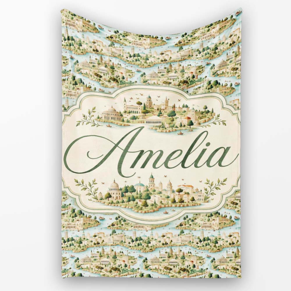 Mediterranean Coastal Town Scenic Seamless Pattern Name Cute Unique Personalised Custom Name Super Soft Fleece Blanket Bed Sofa Throw