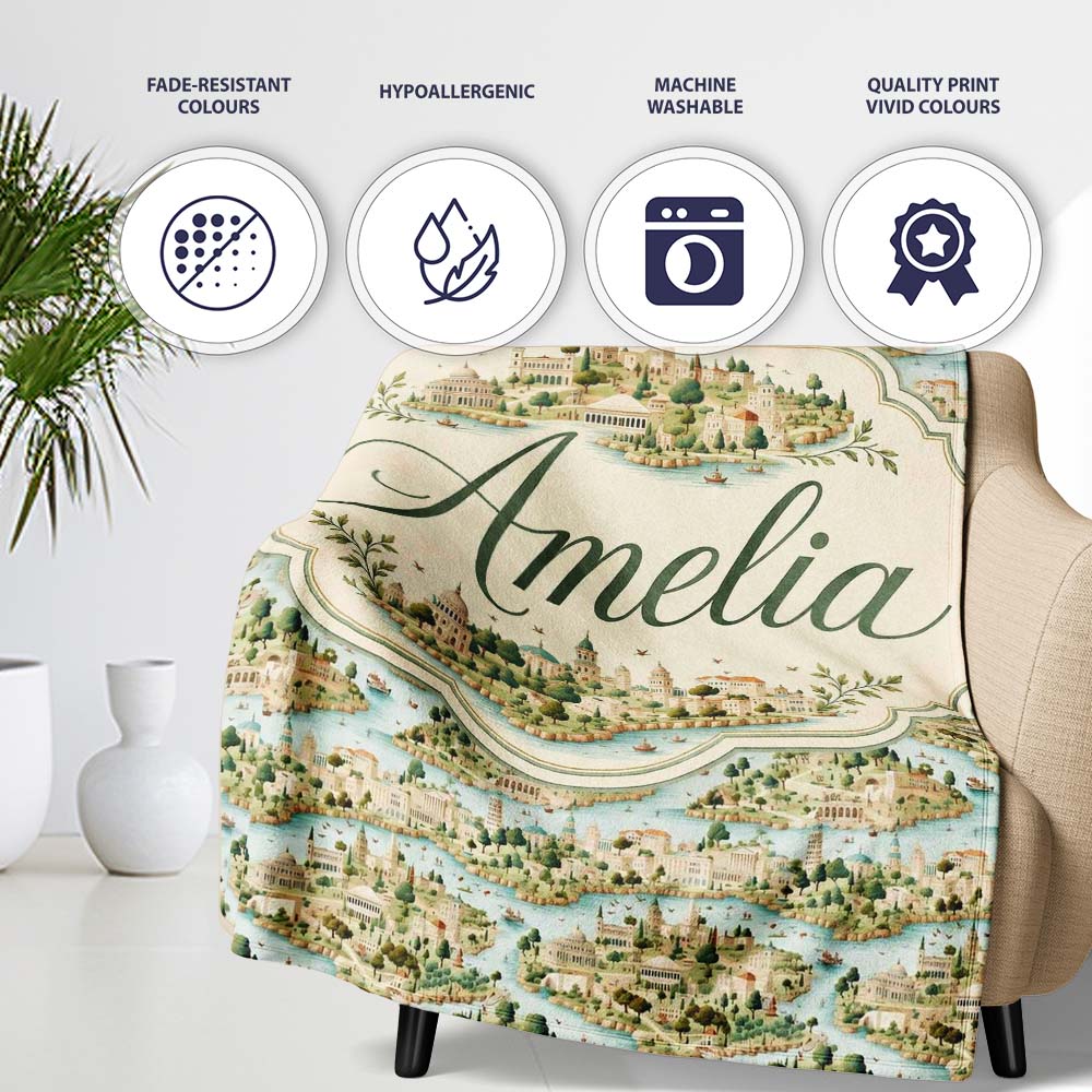 Mediterranean Coastal Town Scenic Seamless Pattern Name Cute Unique Personalised Custom Name Super Soft Fleece Blanket Bed Sofa Throw