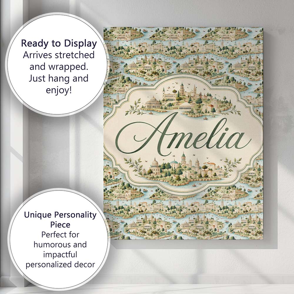 Personalised Name Mediterranean Coastal Custom Modern Room Accent Elegant Feature Canvas Wall Art Print Decor Picture Ready to Hang