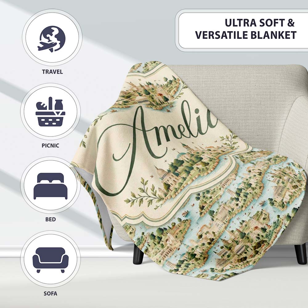 Mediterranean Coastal Town Scenic Seamless Pattern Name Cute Unique Personalised Custom Name Super Soft Fleece Blanket Bed Sofa Throw