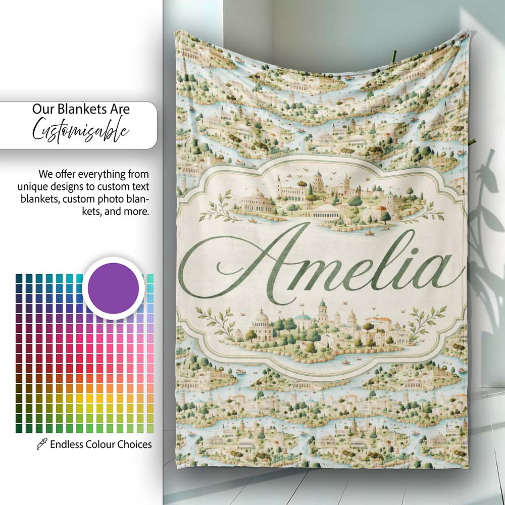 Mediterranean Coastal Town Scenic Seamless Pattern Name Cute Unique Personalised Custom Name Super Soft Fleece Blanket Bed Sofa Throw