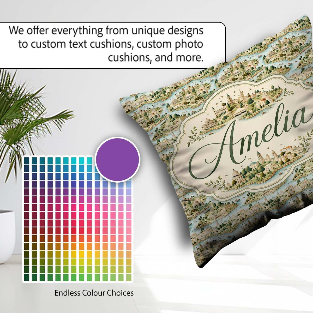 Custom Name Mediterranean Coastal Town Scenic Seamless Name Cute Square Filled Cushion Throw Pillow Sofa Bed Home Decor Zip Washable UK Made