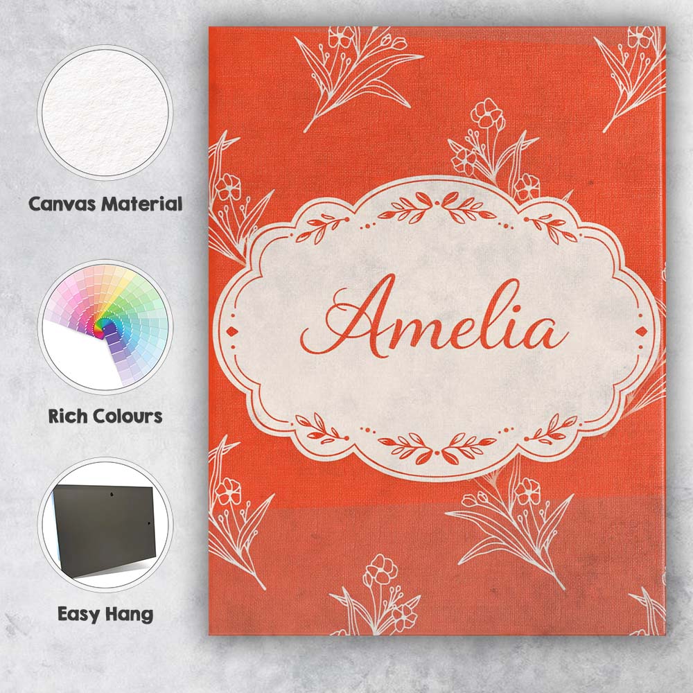 Personalised Name Minimal White Floral Line Orange Background Custom Home Unique Canvas Wall Art Print Decor Picture Ready to Hang