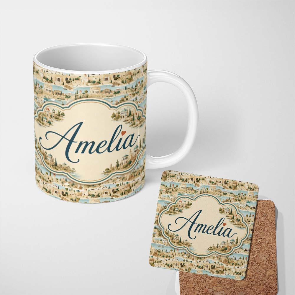 Personalized Custom Name Ancient Coastal City Illustration Seamless Pattern Name Cute Unique 11oz Ceramic Coffee Tea Mug White Large Handle