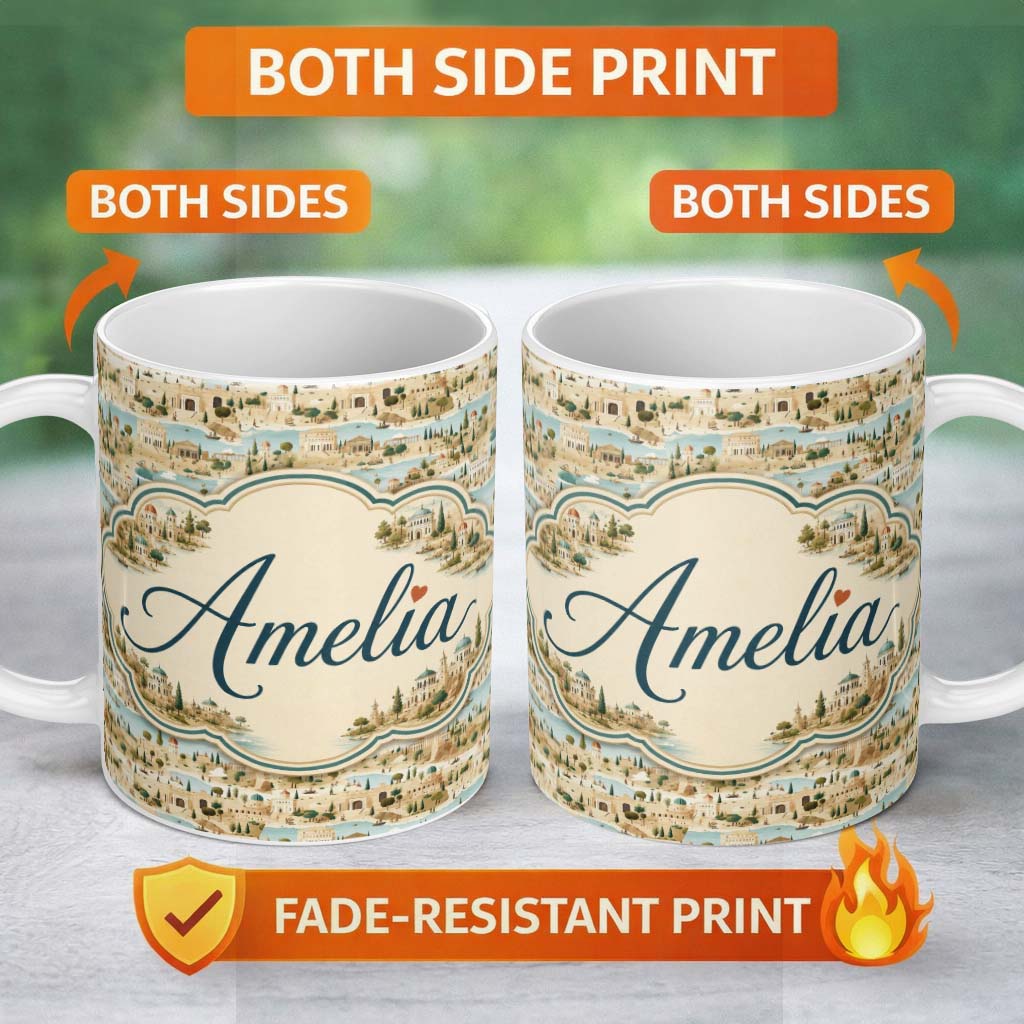 Personalized Custom Name Ancient Coastal City Illustration Seamless Pattern Name Cute Unique 11oz Ceramic Coffee Tea Mug White Large Handle