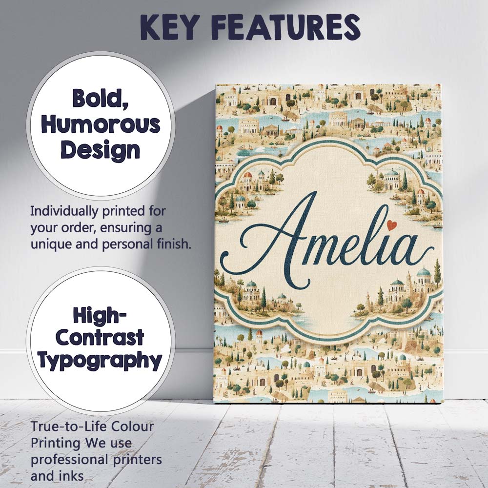 Personalised Name Ancient Coastal City Custom Modern Room Accent Elegant Feature Canvas Wall Art Print Decor Picture Ready to Hang