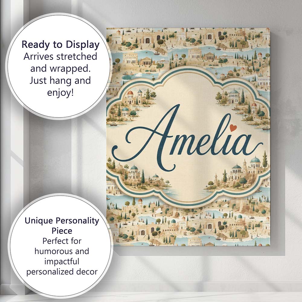 Personalised Name Ancient Coastal City Custom Modern Room Accent Elegant Feature Canvas Wall Art Print Decor Picture Ready to Hang