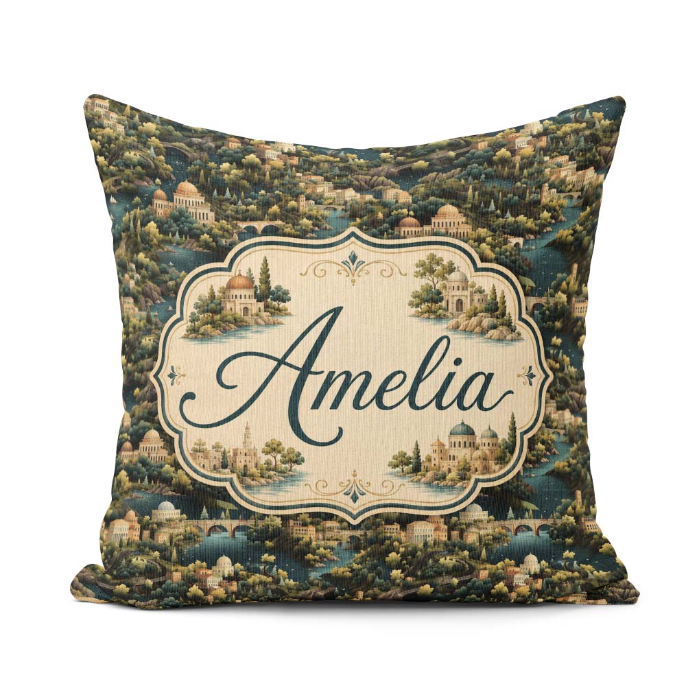 Custom Name Lush River Valley Town Scenic Seamless Pattern Name Square Filled Cushion Throw Pillow Sofa Bed Home Decor Zip Washable UK Made