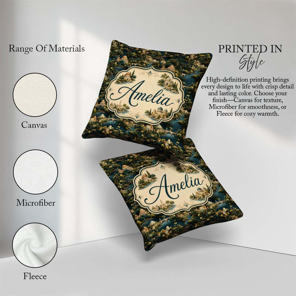 Custom Name Lush River Valley Town Scenic Seamless Pattern Name Square Filled Cushion Throw Pillow Sofa Bed Home Decor Zip Washable UK Made
