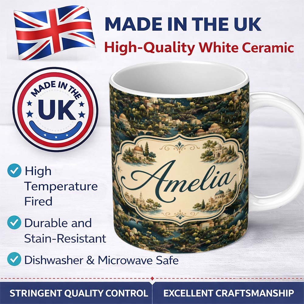 Personalized Custom Name Lush River Valley Town Scenic Seamless Pattern Name Cute Unique Gift 11oz Ceramic Coffee Tea Mug White Large Handle