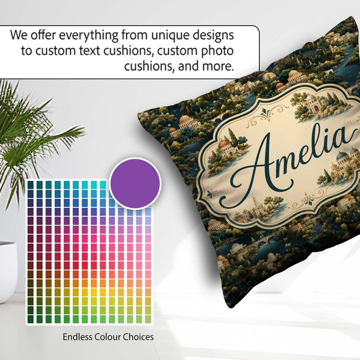 Custom Name Lush River Valley Town Scenic Seamless Pattern Name Square Filled Cushion Throw Pillow Sofa Bed Home Decor Zip Washable UK Made