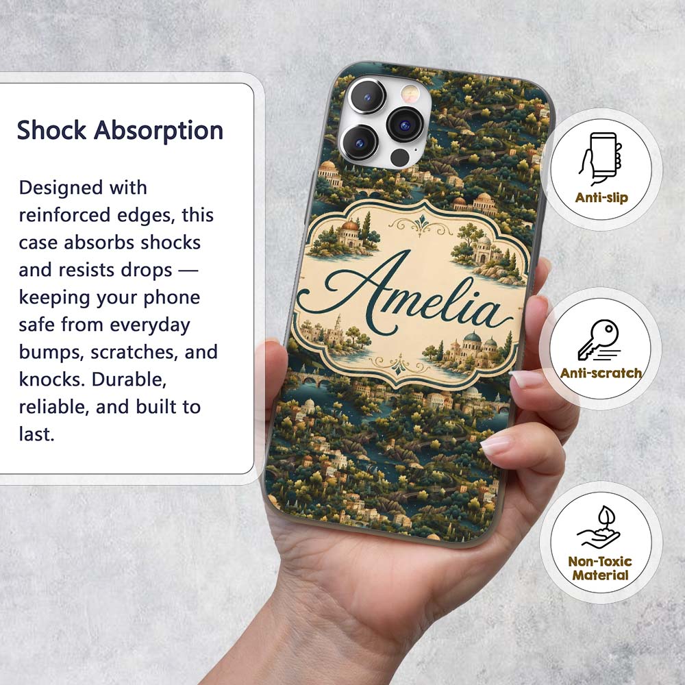 Lush River Valley Town Scenic Seamless Pattern Custom Name Protective Phone Case Mobile Cover Durable Everyday Smartphone Shock Resistant