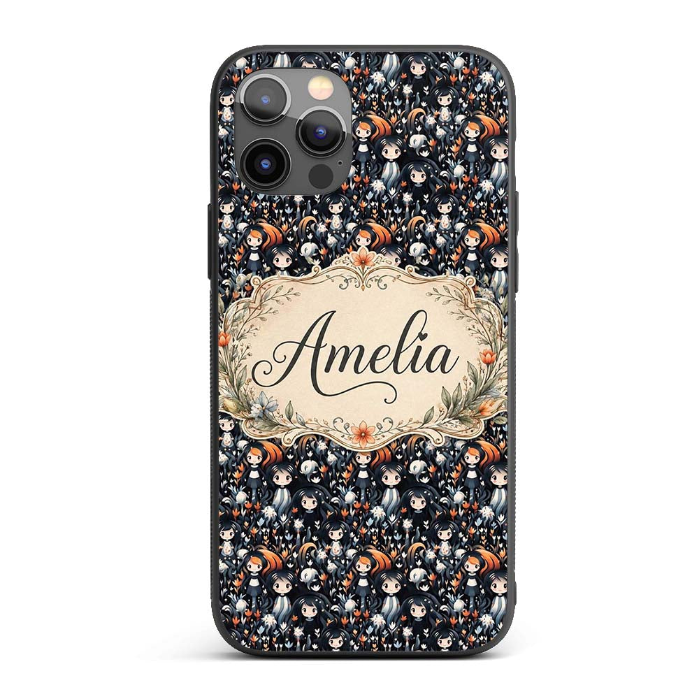 Cute Gothic Dolls with Floral Elements Seamless Custom Name Protective Phone Case Mobile Cover Durable Everyday Smartphone Shock Resistant