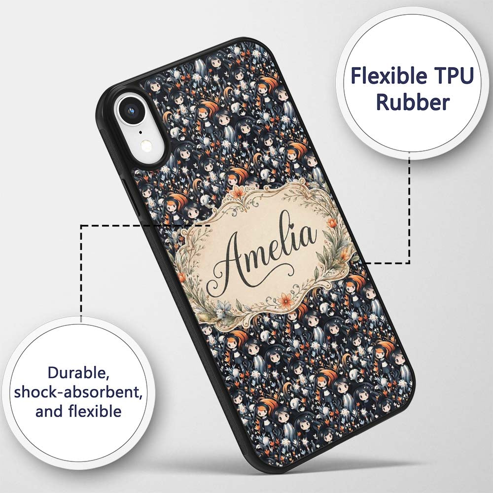 Cute Gothic Dolls with Floral Elements Seamless Custom Name Protective Phone Case Mobile Cover Durable Everyday Smartphone Shock Resistant