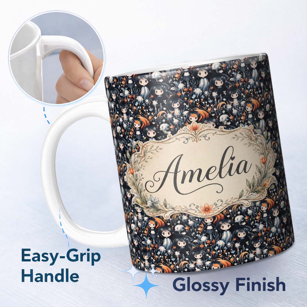 Personalized Custom Name Cute Gothic Dolls with Floral Elements Seamless Pattern Name Unique 11oz Ceramic Coffee Tea Mug White Large Handle