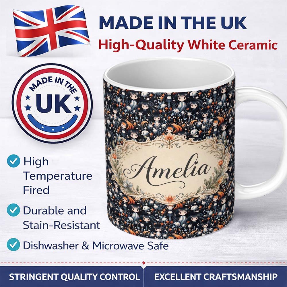 Personalized Custom Name Cute Gothic Dolls with Floral Elements Seamless Pattern Name Unique 11oz Ceramic Coffee Tea Mug White Large Handle