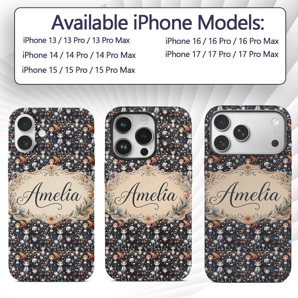 Cute Gothic Dolls with Floral Elements Seamless Custom Name Protective Phone Case Mobile Cover Durable Everyday Smartphone Shock Resistant