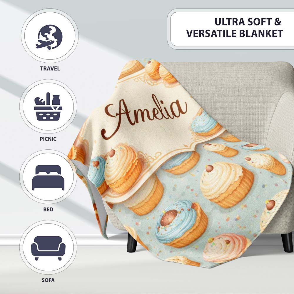 Coffee Cream Bun Pastry Seamless Pattern Perfect Gift for Her Lovely Personalised Custom Name Super Soft Fleece Blanket Bed Sofa Throw