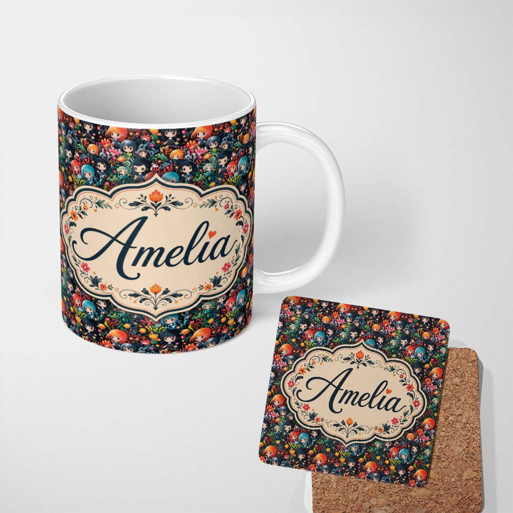 Personalized Custom Name Colorful Anime Girls with Floral Garden Seamless Pattern Name Cute 11oz Ceramic Coffee Tea Mug White Large Handle