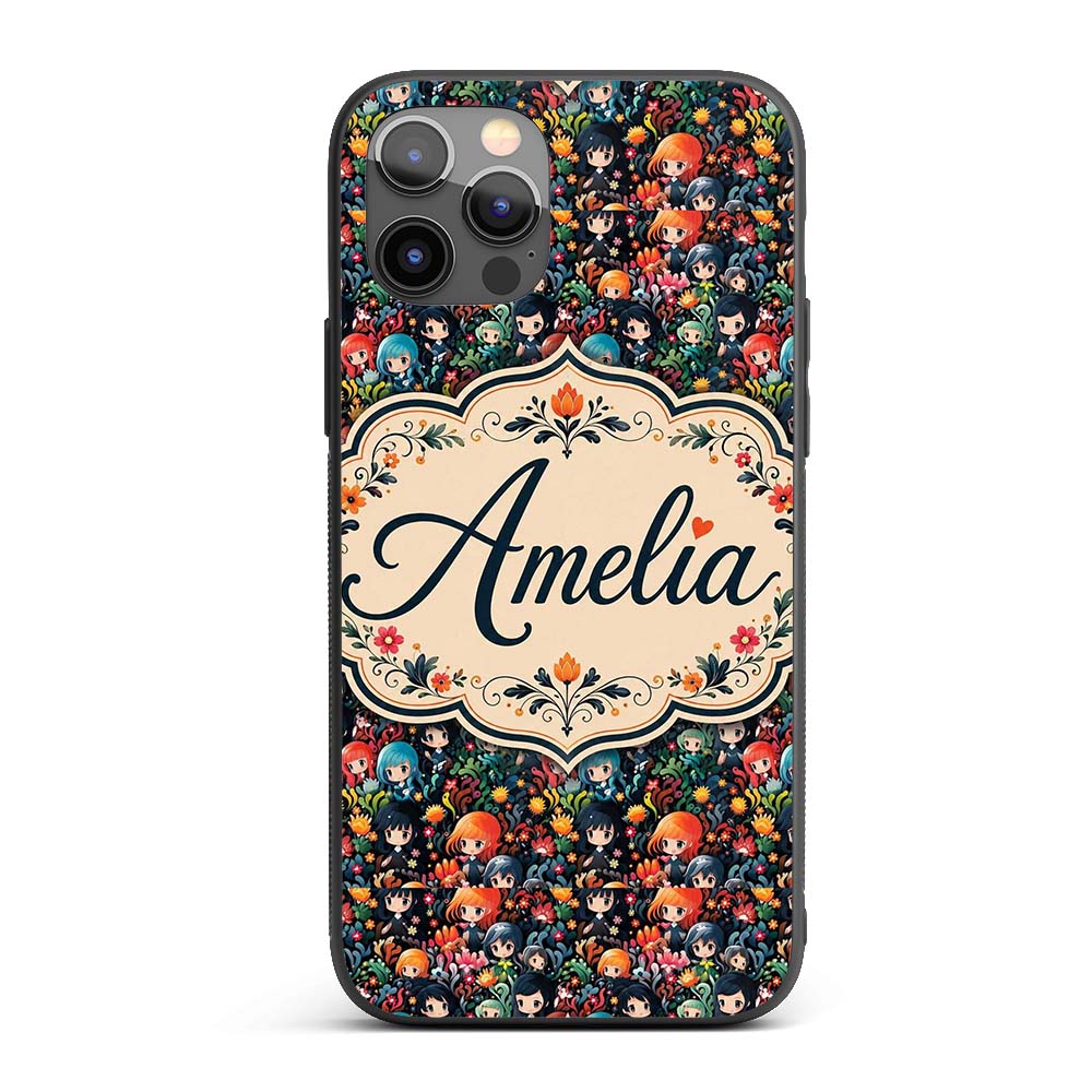 Colorful Anime Girls with Floral Garden Seamless Custom Name Protective Phone Case Mobile Cover Durable Everyday Smartphone Shock Resistant