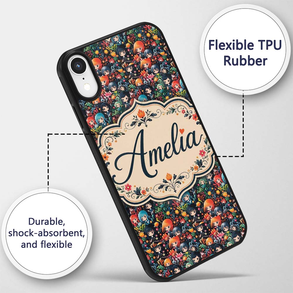 Colorful Anime Girls with Floral Garden Seamless Custom Name Protective Phone Case Mobile Cover Durable Everyday Smartphone Shock Resistant