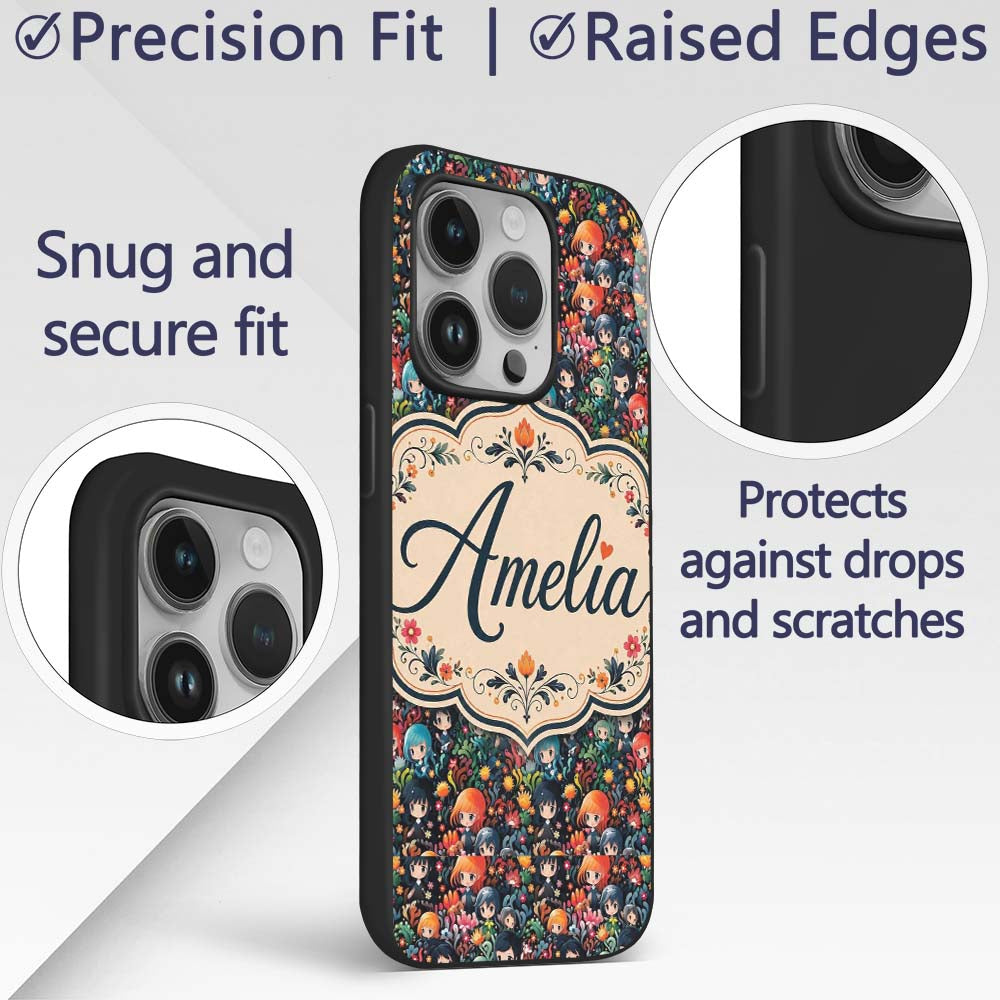 Colorful Anime Girls with Floral Garden Seamless Custom Name Protective Phone Case Mobile Cover Durable Everyday Smartphone Shock Resistant