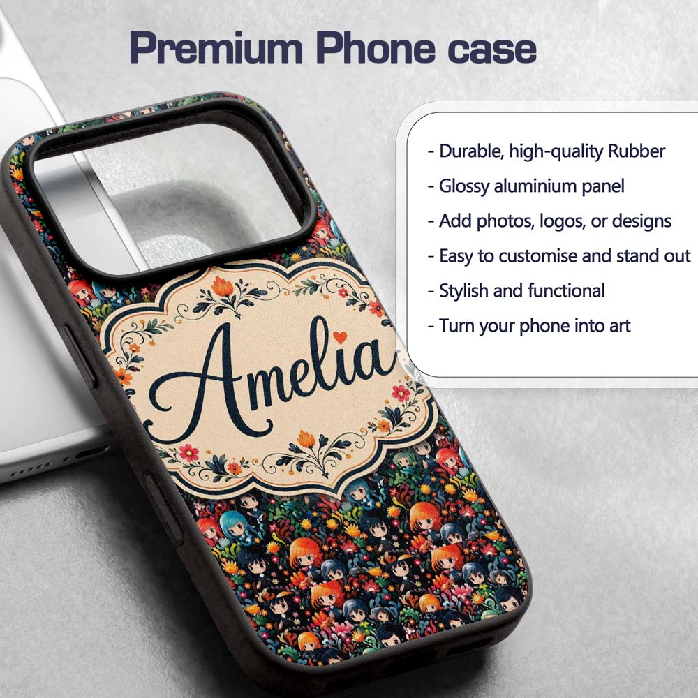 Colorful Anime Girls with Floral Garden Seamless Custom Name Protective Phone Case Mobile Cover Durable Everyday Smartphone Shock Resistant