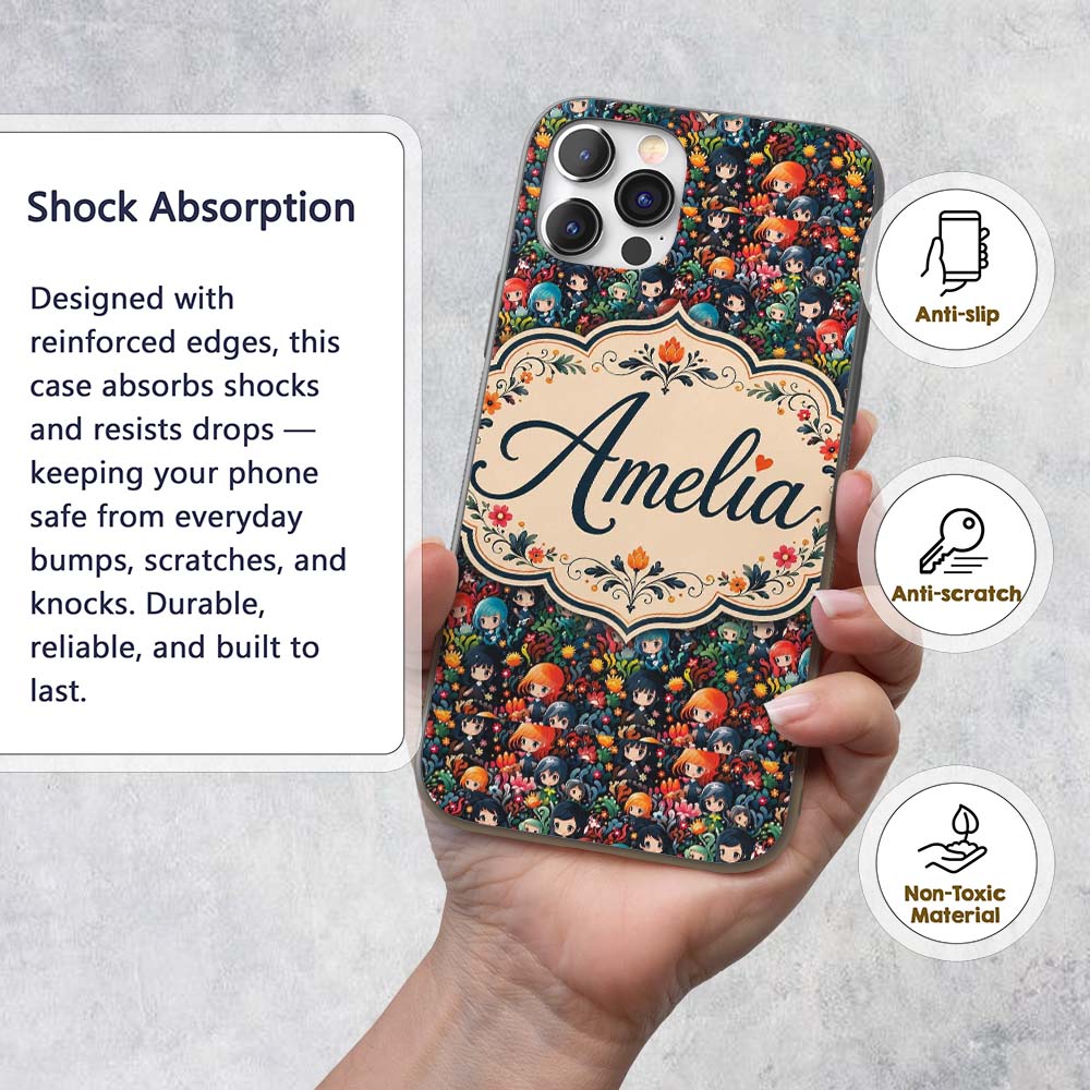Colorful Anime Girls with Floral Garden Seamless Custom Name Protective Phone Case Mobile Cover Durable Everyday Smartphone Shock Resistant