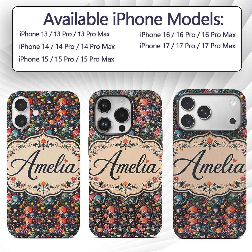 Colorful Anime Girls with Floral Garden Seamless Custom Name Protective Phone Case Mobile Cover Durable Everyday Smartphone Shock Resistant