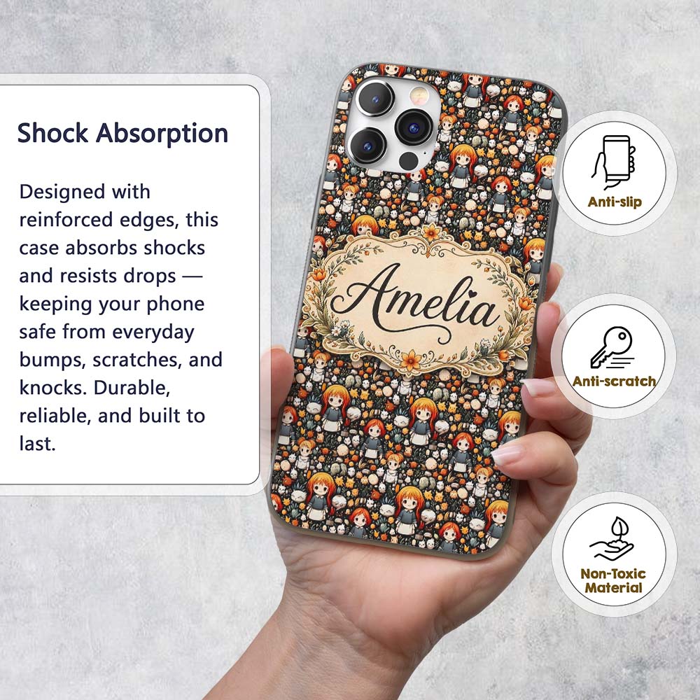 Chibi Orange Haired Girl Forest Animal Seamless Custom Name Protective Phone Case Mobile Cover Durable Everyday Smartphone Shock Resistant