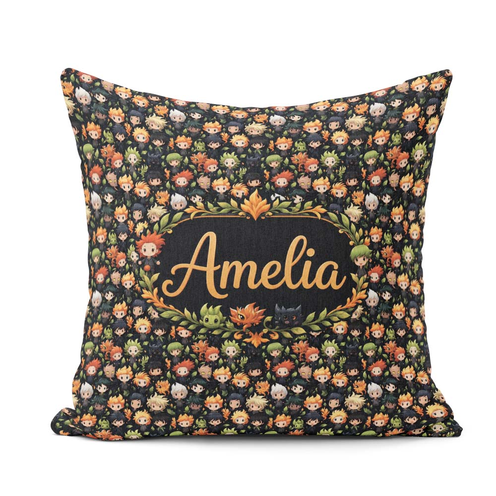 Custom Name Fantasy Chibi Boys Fire Nature Seamless Pattern Art Square Filled Cushion Throw Pillow Sofa Bed Home Decor Zip Washable UK Made