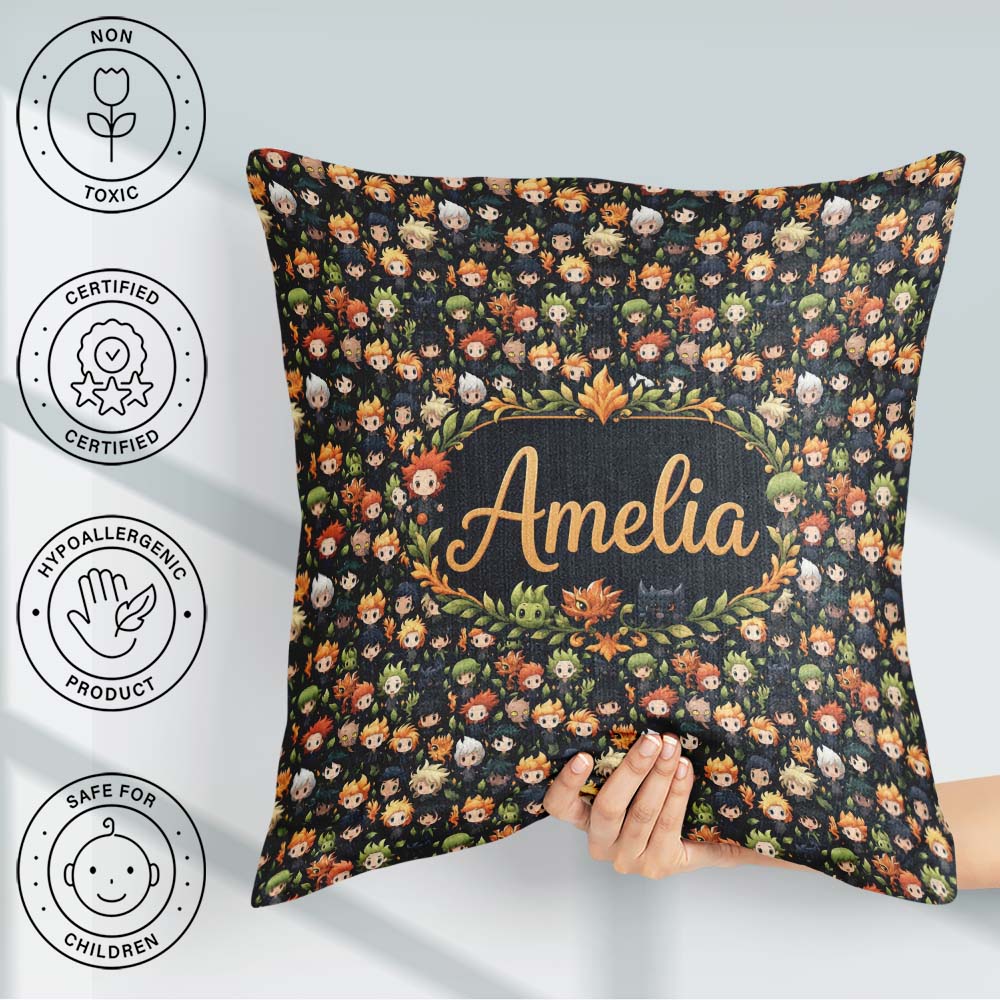 Custom Name Fantasy Chibi Boys Fire Nature Seamless Pattern Art Square Filled Cushion Throw Pillow Sofa Bed Home Decor Zip Washable UK Made
