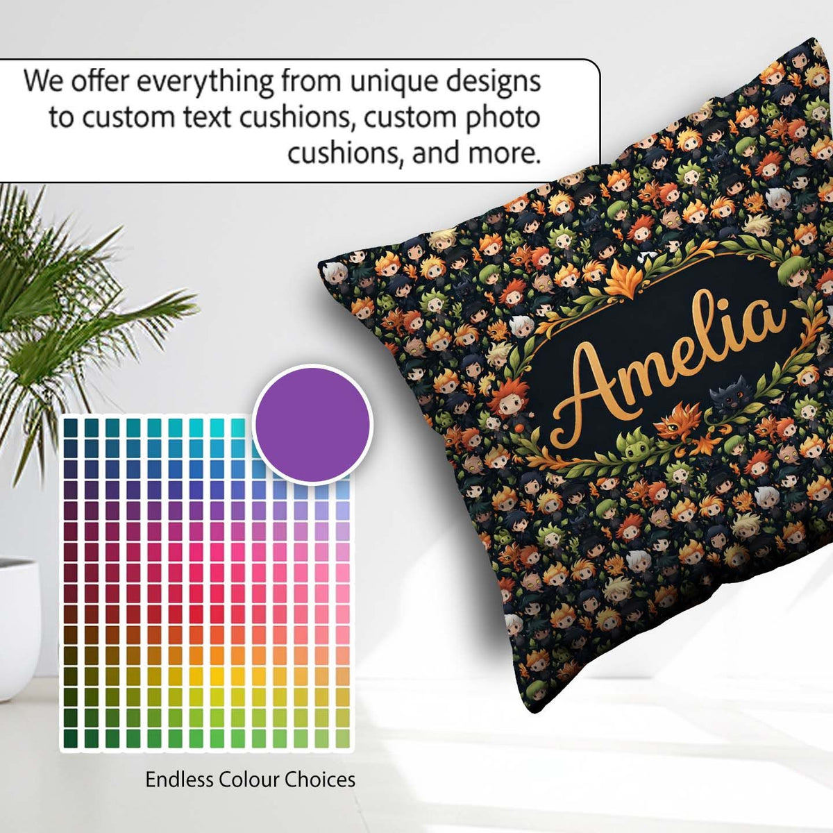 Custom Name Fantasy Chibi Boys Fire Nature Seamless Pattern Art Square Filled Cushion Throw Pillow Sofa Bed Home Decor Zip Washable UK Made