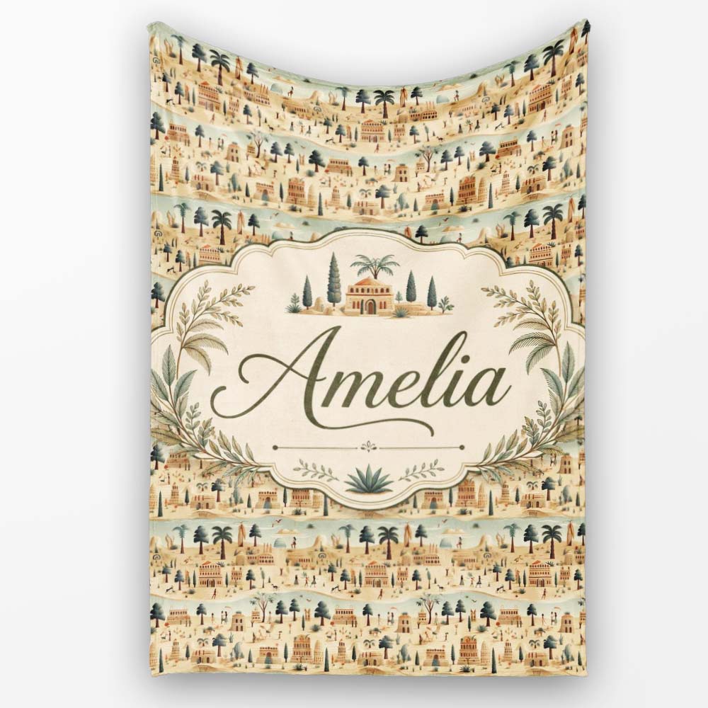 Ancient Desert Village Scenic Landscape Seamless Pattern Art Name Personalised Custom Name Super Soft Fleece Blanket Bed Sofa Throw