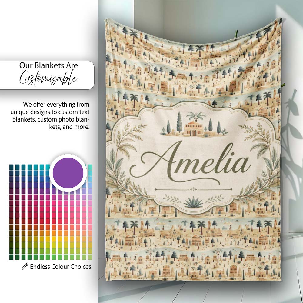 Ancient Desert Village Scenic Landscape Seamless Pattern Art Name Personalised Custom Name Super Soft Fleece Blanket Bed Sofa Throw