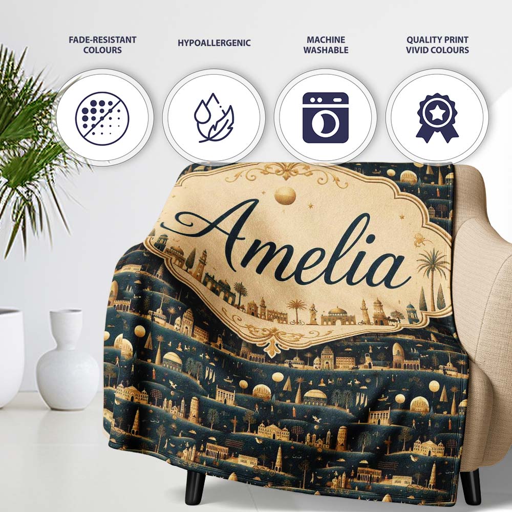 Night City Skyline Illustration Gold Detail Seamless Pattern Art Personalised Custom Name Super Soft Fleece Blanket Bed Sofa Throw