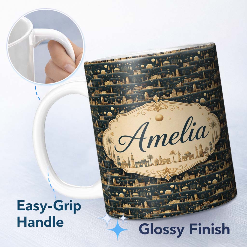 Personalized Custom Name Night City Skyline Illustration Gold Detail Seamless Pattern Art 11oz Ceramic Coffee Tea Mug White Large Handle