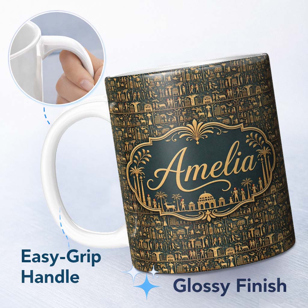 Personalized Custom Name Ancient Hieroglyphics Symbols Decorative Seamless Pattern Art Name 11oz Ceramic Coffee Tea Mug White Large Handle