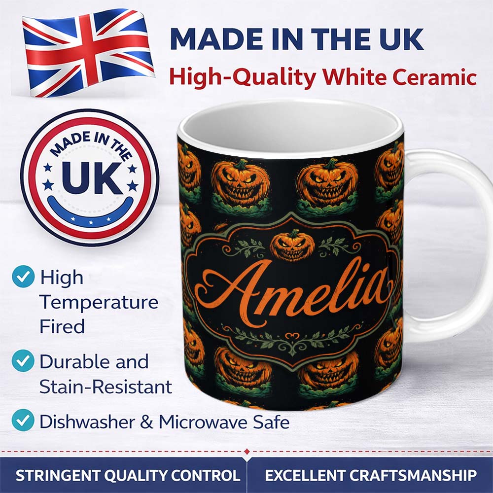 Personalized Custom Name Creepy Pumpkin Ocean Waves Dark Halloween Seamless Pattern Lovely 11oz Ceramic Coffee Tea Mug White Large Handle