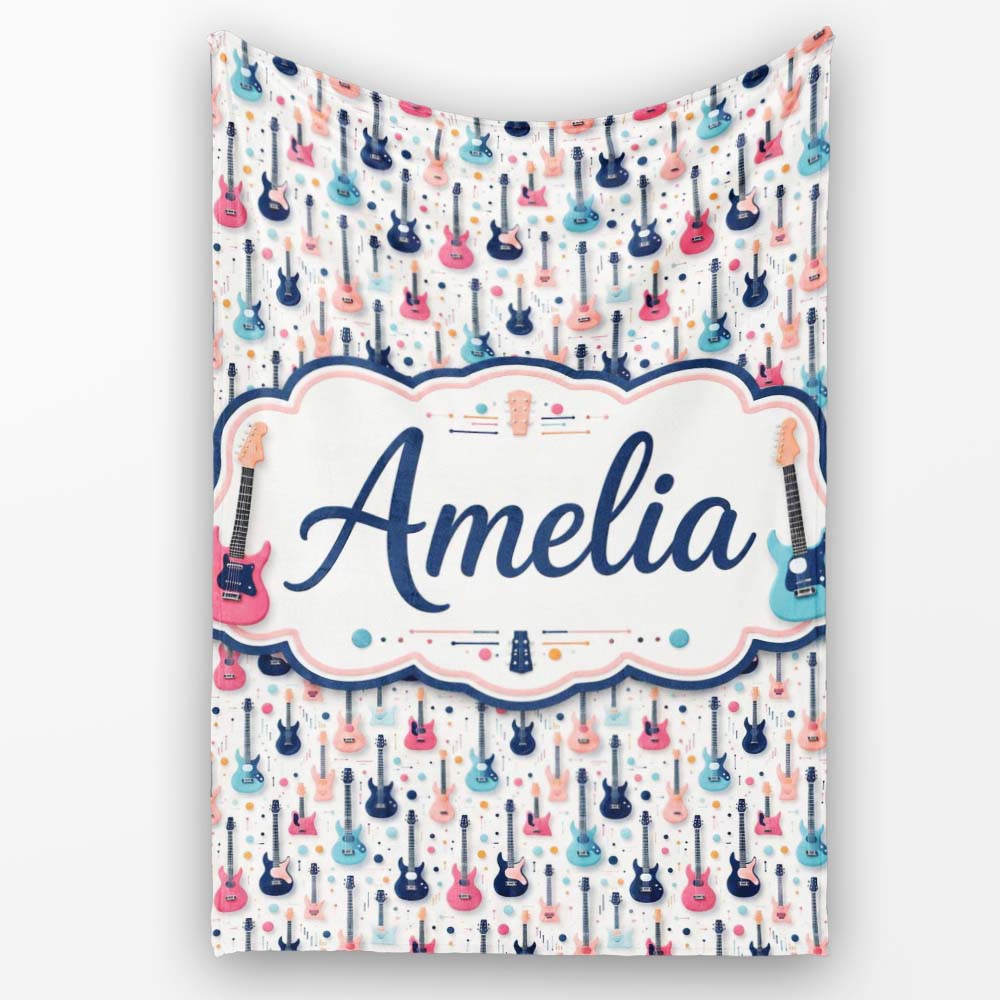 Colorful Electric Guitars Music Theme Seamless Pattern Art Name Cute Personalised Custom Name Super Soft Fleece Blanket Bed Sofa Throw
