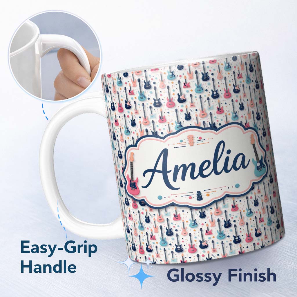 Personalized Custom Name Colorful Electric Guitars Music Theme Seamless Pattern Art Name Cute 11oz Ceramic Coffee Tea Mug White Large Handle