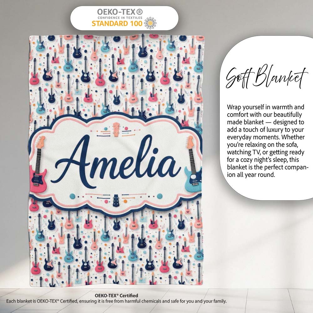 Colorful Electric Guitars Music Theme Seamless Pattern Art Name Cute Personalised Custom Name Super Soft Fleece Blanket Bed Sofa Throw