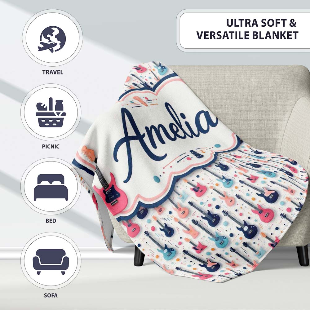 Colorful Electric Guitars Music Theme Seamless Pattern Art Name Cute Personalised Custom Name Super Soft Fleece Blanket Bed Sofa Throw