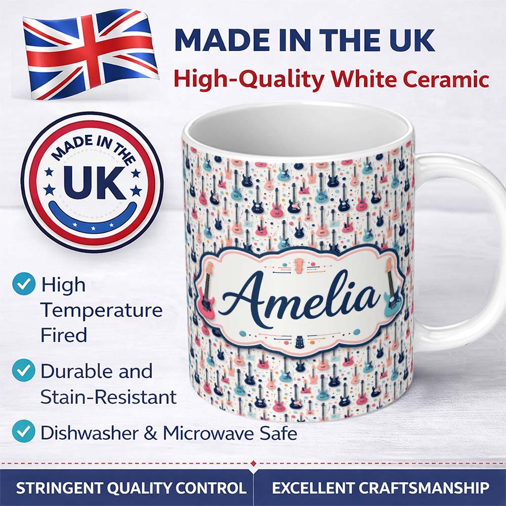 Personalized Custom Name Colorful Electric Guitars Music Theme Seamless Pattern Art Name Cute 11oz Ceramic Coffee Tea Mug White Large Handle