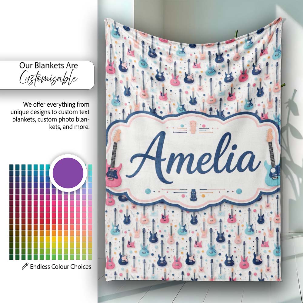 Colorful Electric Guitars Music Theme Seamless Pattern Art Name Cute Personalised Custom Name Super Soft Fleece Blanket Bed Sofa Throw