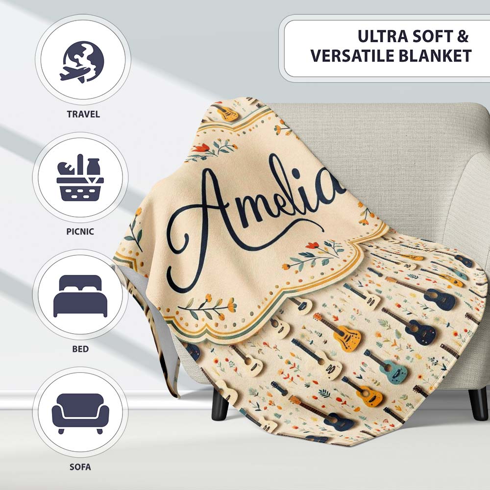 Vintage Acoustic Guitars Floral Theme Seamless Pattern Art Name Cute Personalised Custom Name Super Soft Fleece Blanket Bed Sofa Throw