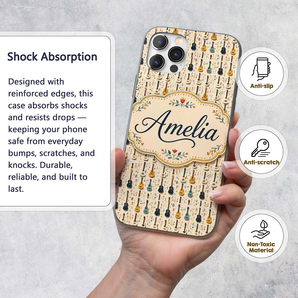 Vintage Acoustic Guitars Floral Theme Seamless Custom Name Protective Phone Case Mobile Cover Durable Everyday Smartphone Shock Resistant