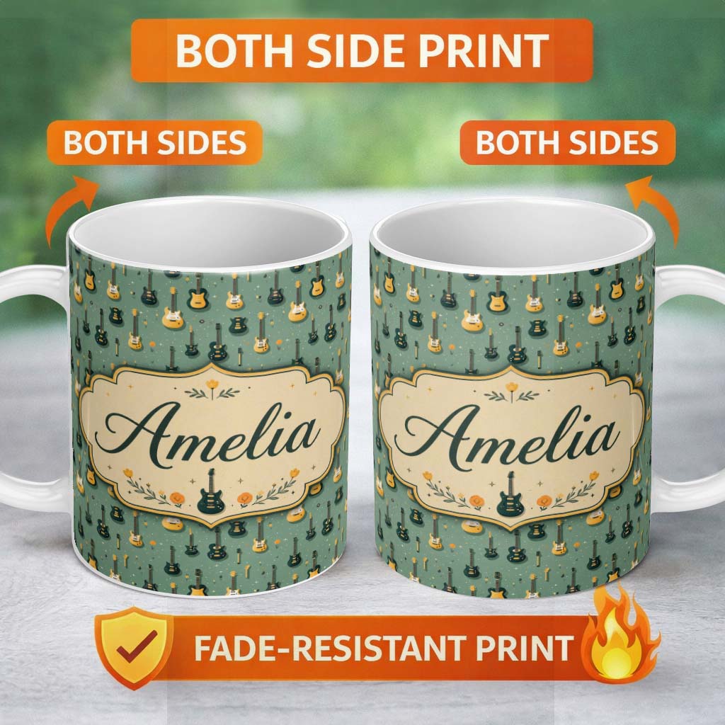 Personalized Custom Name Vintage Electric Guitar Collection Seamless Pattern Name Cute 11oz Ceramic Coffee Tea Mug White Large Handle