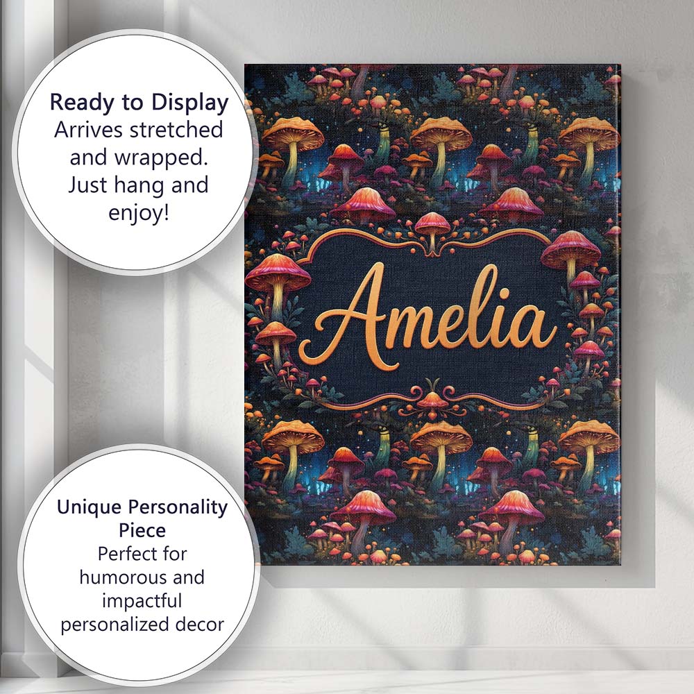 Personalised Name Glowing Fantasy Mushroom Custom Unique Gift Idea Elegant Feature Canvas Wall Art Print Decor Picture Ready to Hang