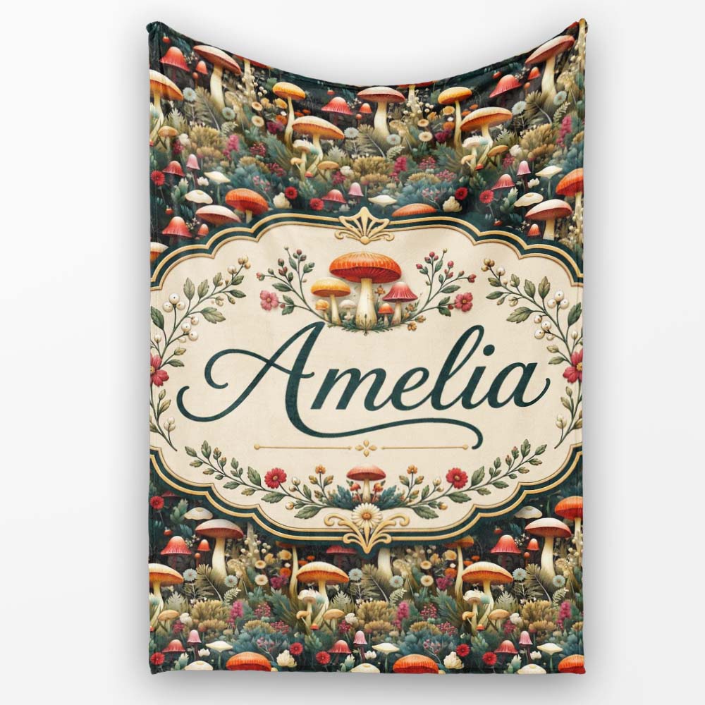 Botanical Mushroom Garden Nature Seamless Pattern Name Cute Unique Personalised Custom Name Super Soft Fleece Blanket Bed Sofa Throw